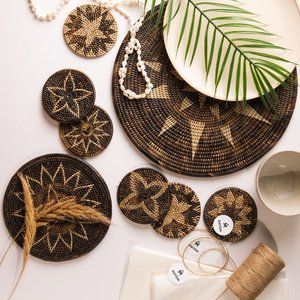 Set of 6-Piece Woven Nito Vine Coaster Set, rattan decor, wicker, boho
